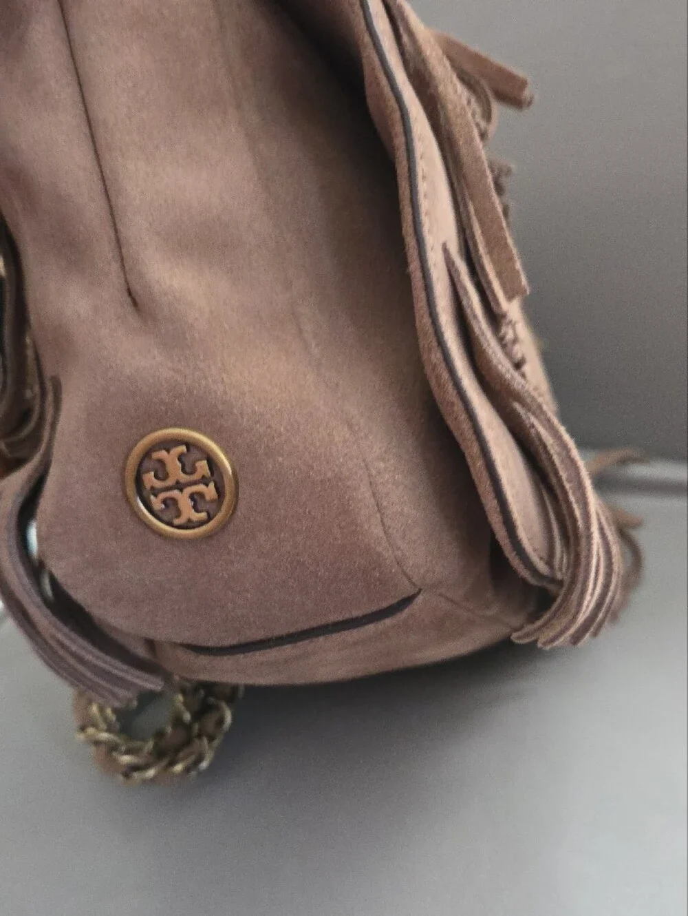 Tory Burch Taupe Fringe Suede Shoulder Bag